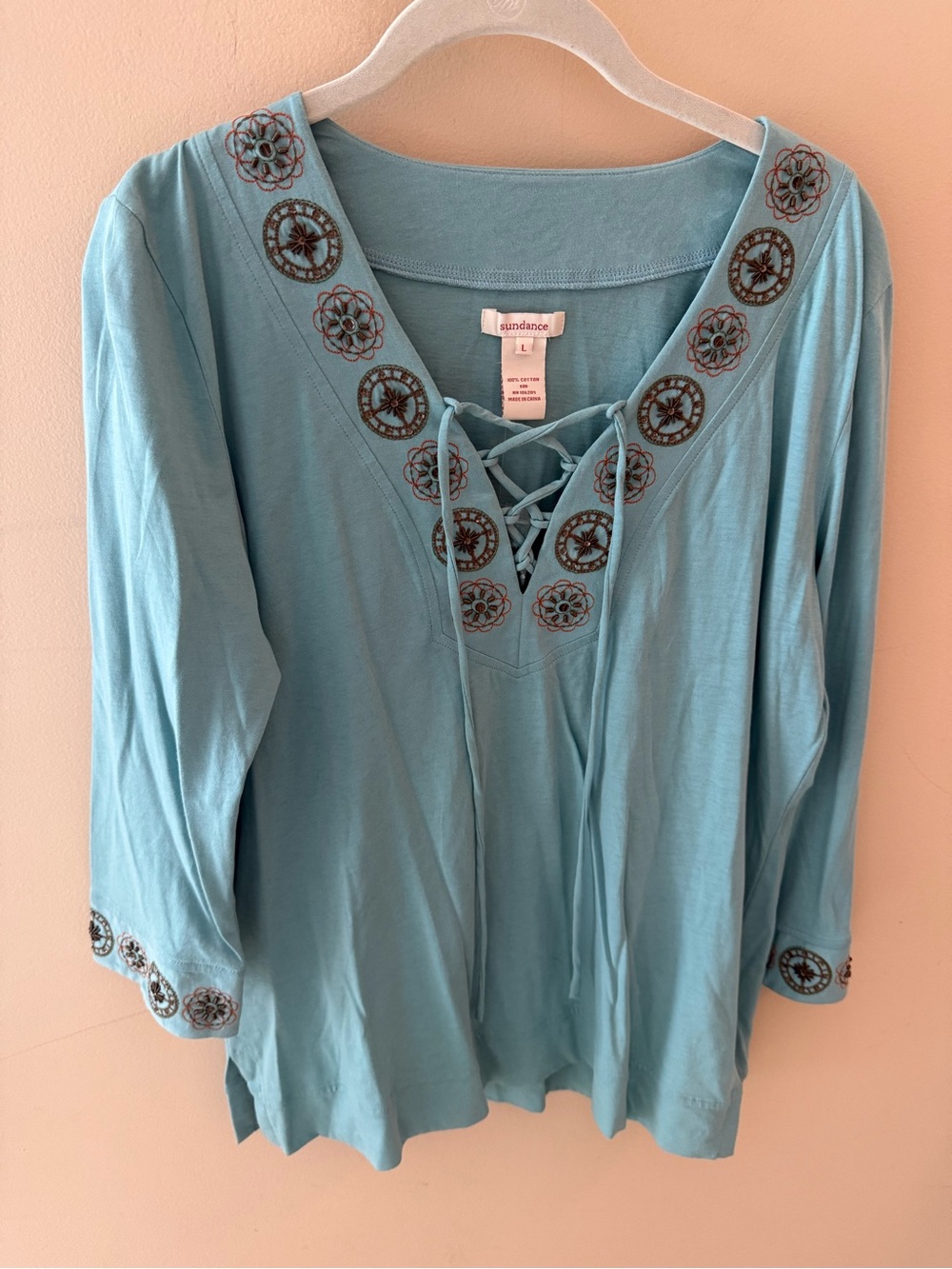 Sundance Y2K embroidered beaded top cotton Boho Size Large